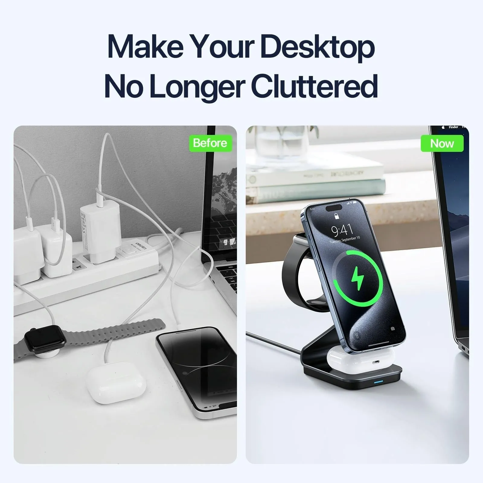 15W 3 In 1 Magnetic Wireless Charger Stand Black