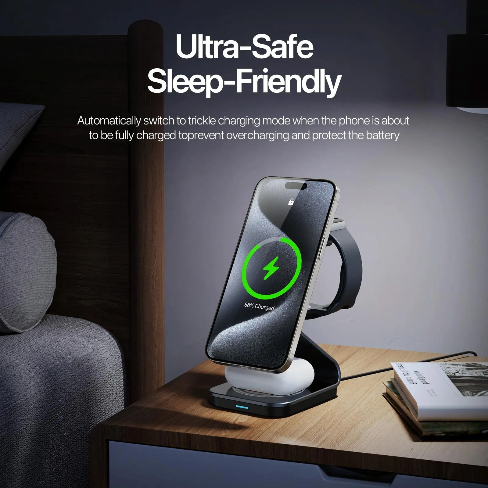 15W 3 In 1 Magnetic Wireless Charger Stand Black