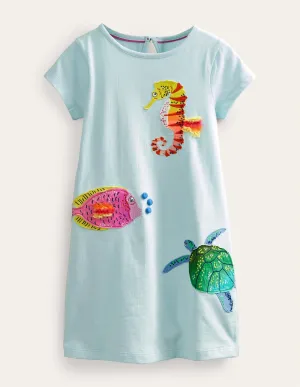Applique T-Shirt Dress-Iced Aqua Blue