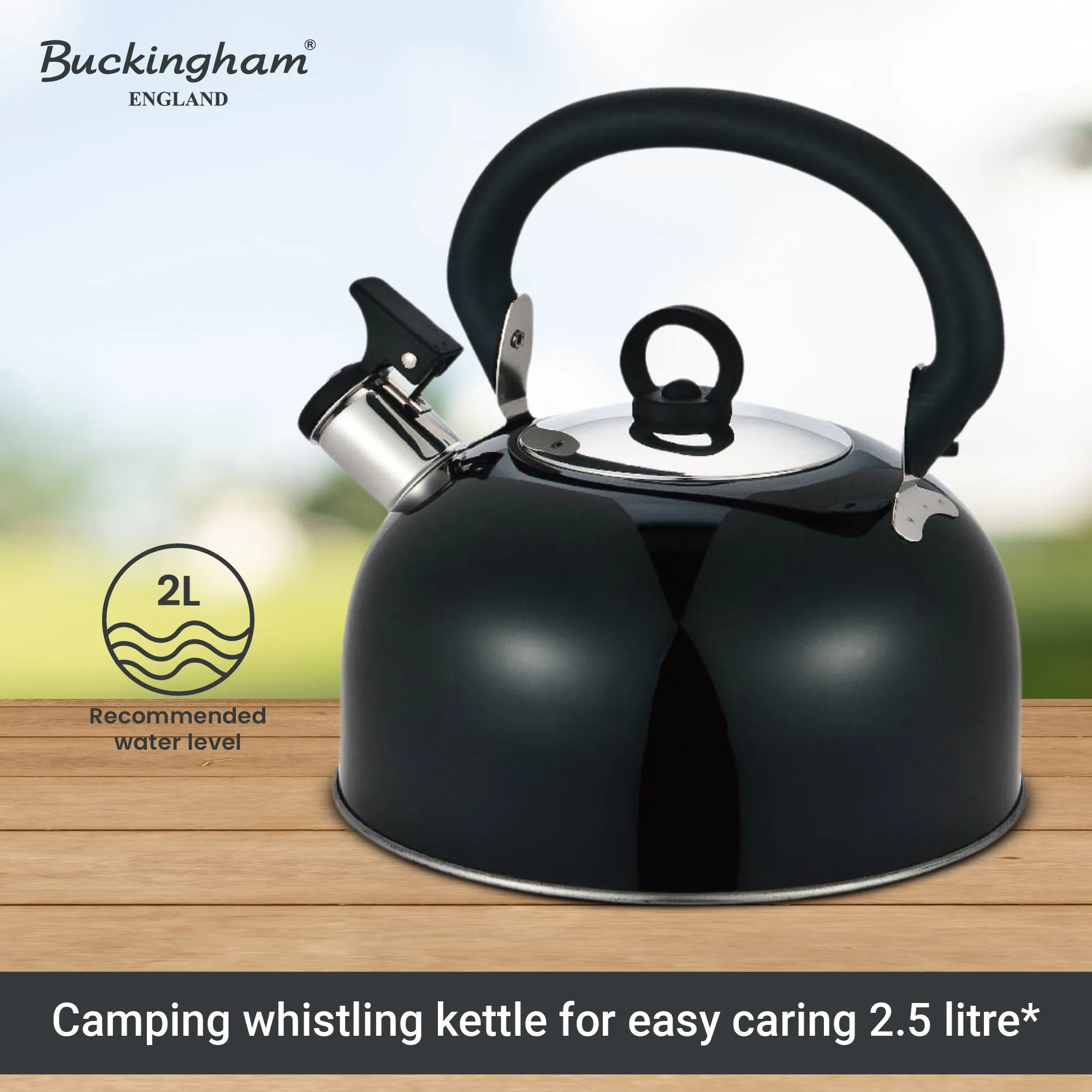Buckingham Stainless Steel Camping Kettle with Heat Resistant Phenolic and Folding Handle Ideal use for Vacations and Traveling 2.5 Liter