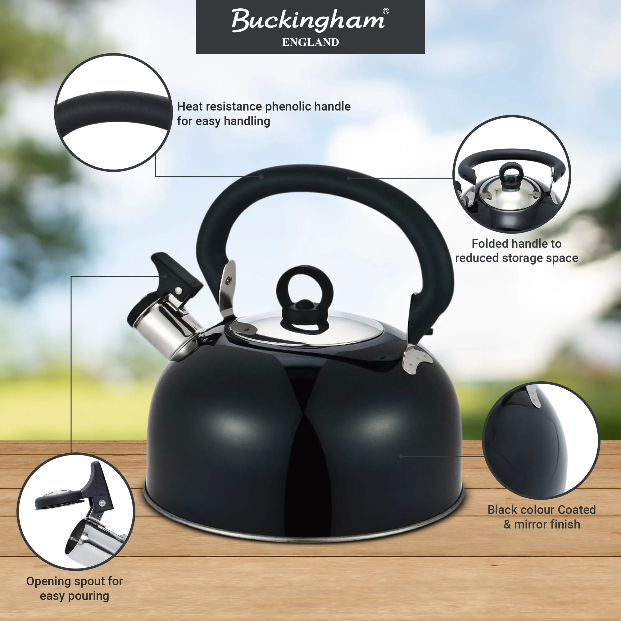 Buckingham Stainless Steel Camping Kettle with Heat Resistant Phenolic and Folding Handle Ideal use for Vacations and Traveling 2.5 Liter