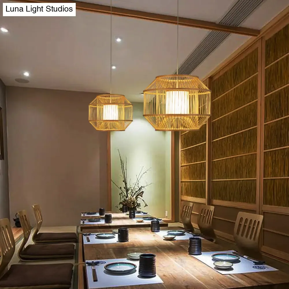 Chinese Style Bamboo Lantern Pendant: Beige Round Hanging Light for Dining Table - 1 Bulb