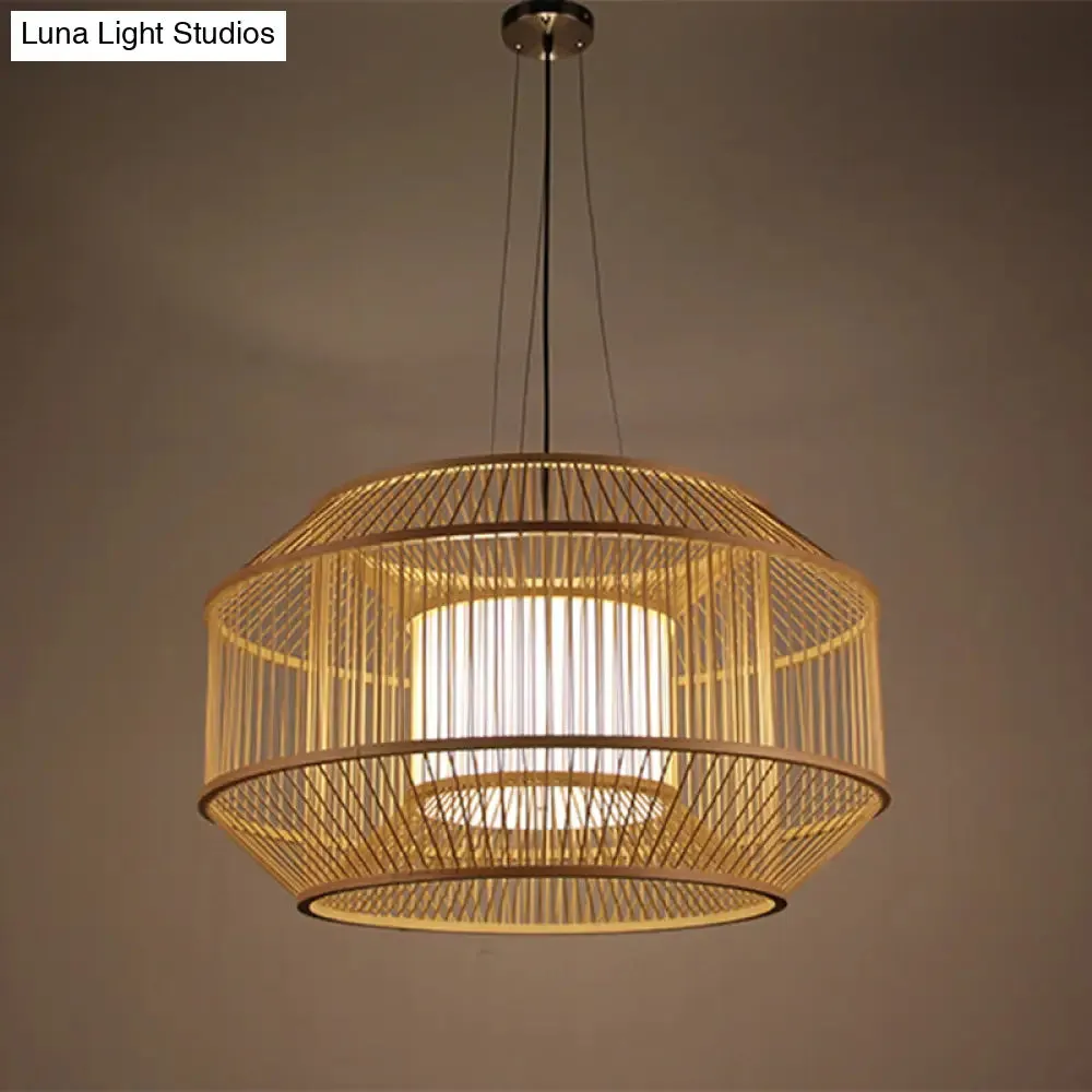 Chinese Style Bamboo Lantern Pendant: Beige Round Hanging Light for Dining Table - 1 Bulb