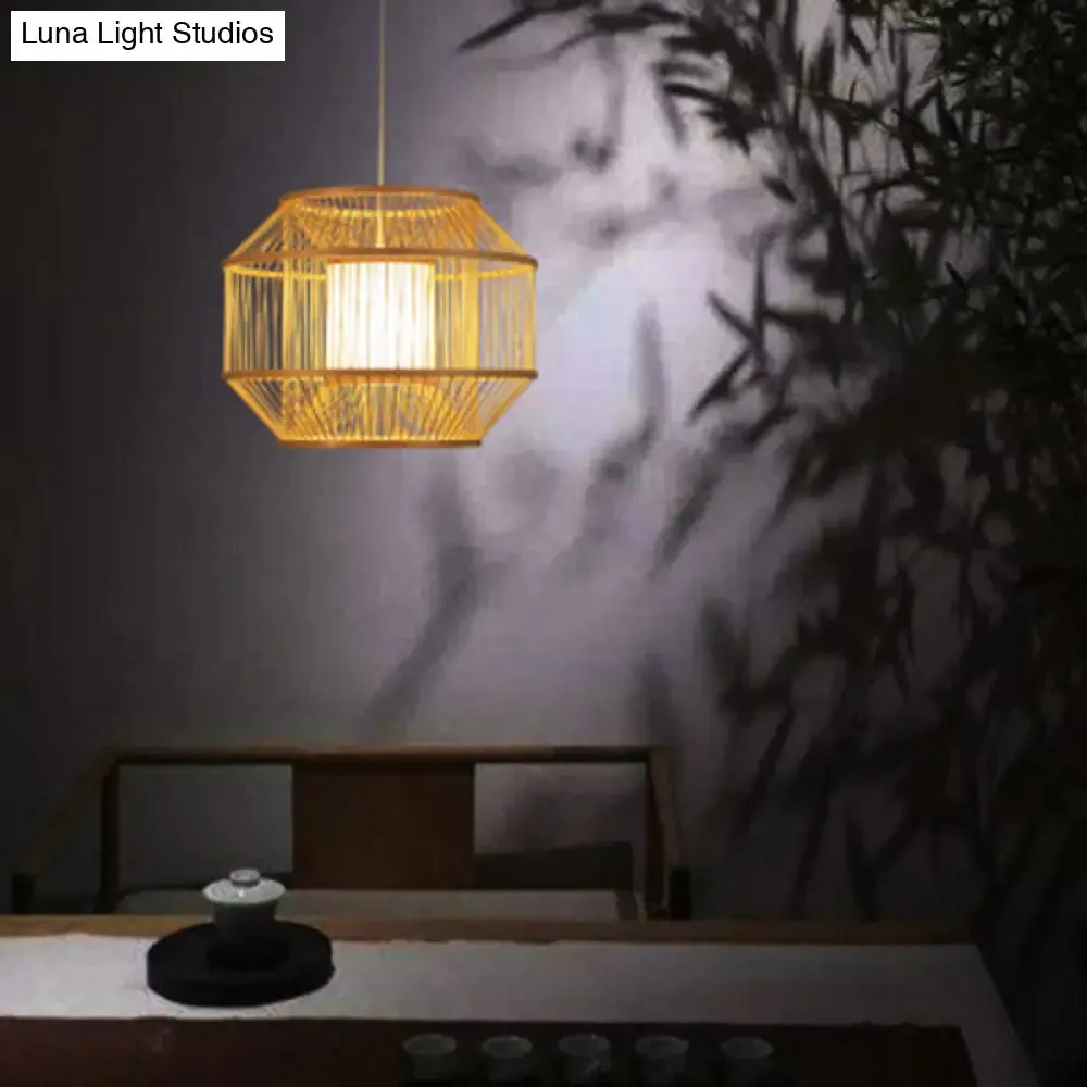 Chinese Style Bamboo Lantern Pendant: Beige Round Hanging Light for Dining Table - 1 Bulb