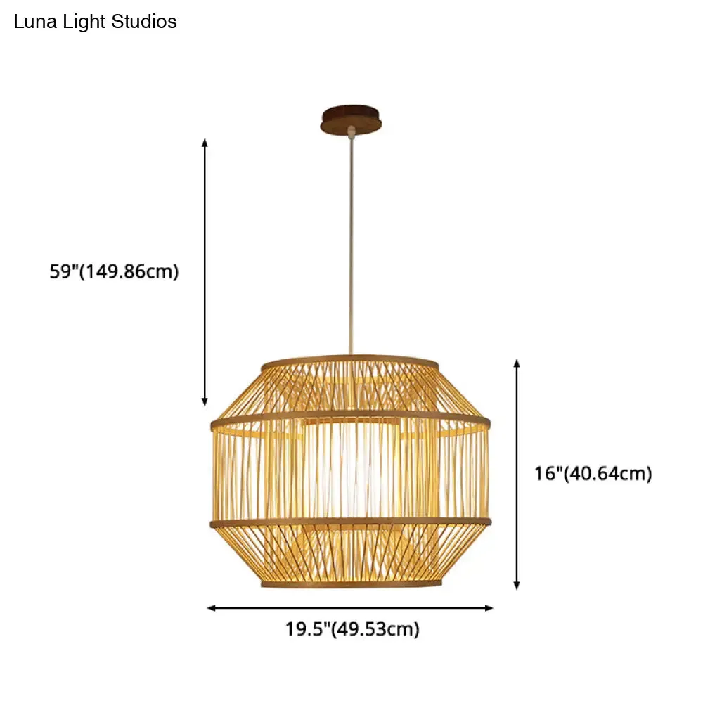 Chinese Style Bamboo Lantern Pendant: Beige Round Hanging Light for Dining Table - 1 Bulb