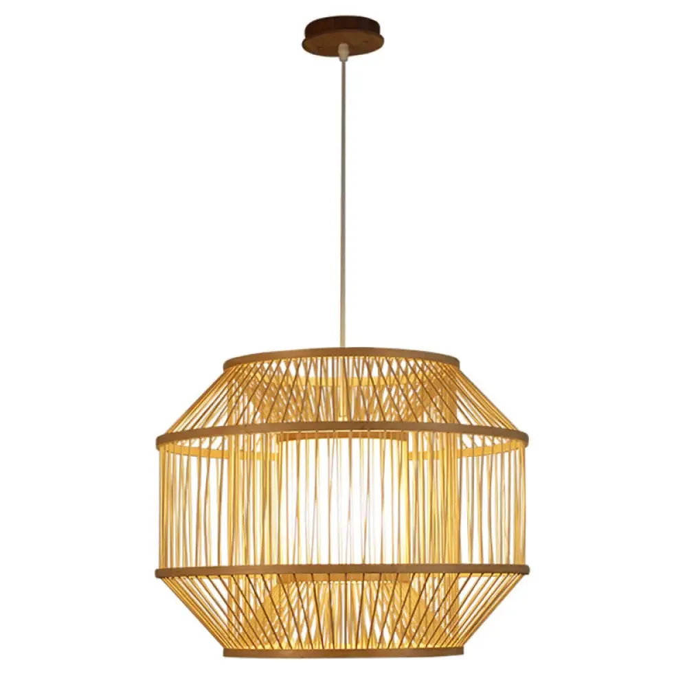 Chinese Style Bamboo Lantern Pendant: Beige Round Hanging Light for Dining Table - 1 Bulb