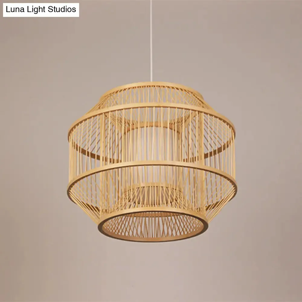 Chinese Style Bamboo Lantern Pendant: Beige Round Hanging Light for Dining Table - 1 Bulb