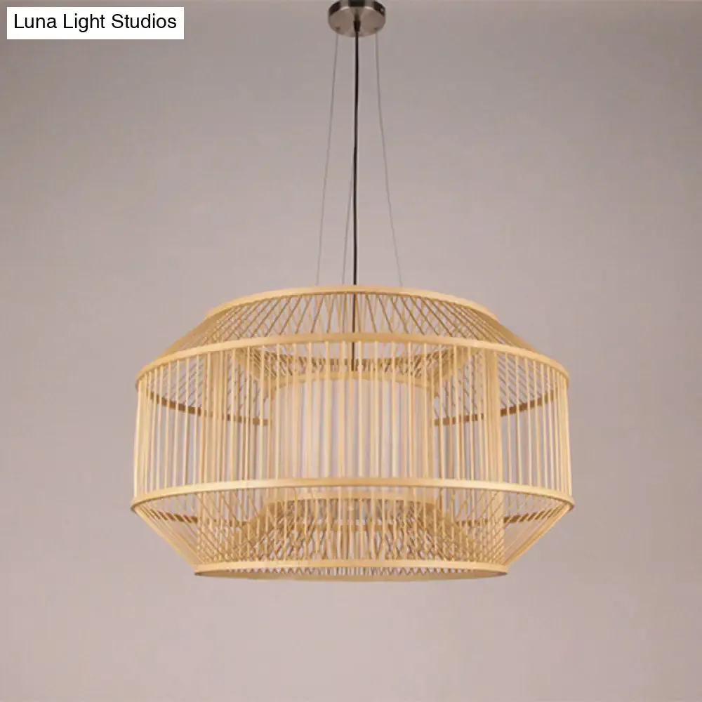 Chinese Style Bamboo Lantern Pendant: Beige Round Hanging Light for Dining Table - 1 Bulb