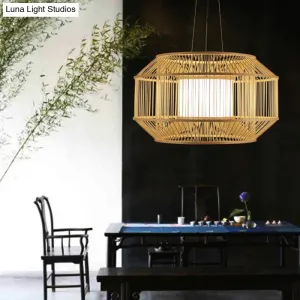 Chinese Style Bamboo Lantern Pendant: Beige Round Hanging Light for Dining Table - 1 Bulb