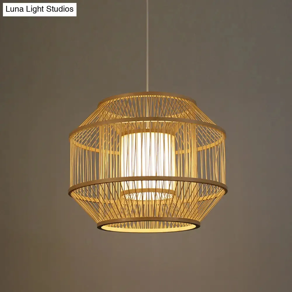 Chinese Style Bamboo Lantern Pendant: Beige Round Hanging Light for Dining Table - 1 Bulb