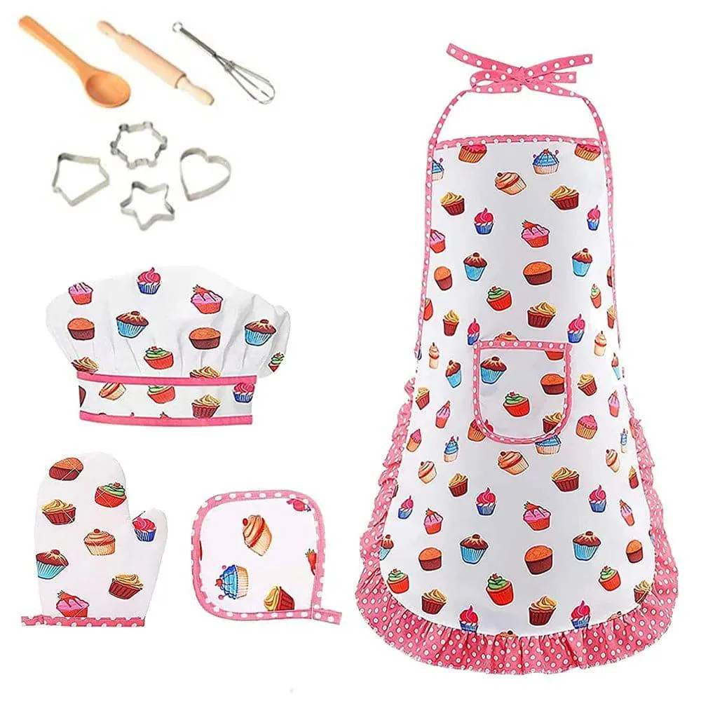 Cooking Apron Gloves Hat Set Pink Easter Halloween Child Chef Kitchen Baking Tool Play House Toys