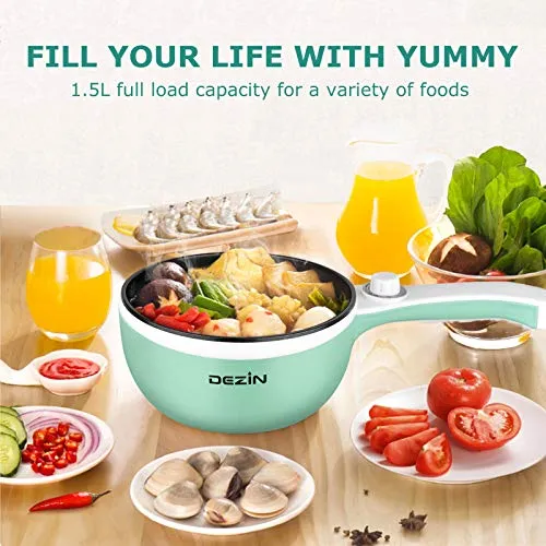 Dezin Hot Pot Electric Upgraded, Non-Stick Sauté Pan, Rapid Noodles Electric Pot, 1.5L Mini Portable Hot Pot for Steak, Egg, Fried Rice, Ramen, Oatmeal, Soup with Power Adjustment (Egg Rack Included)