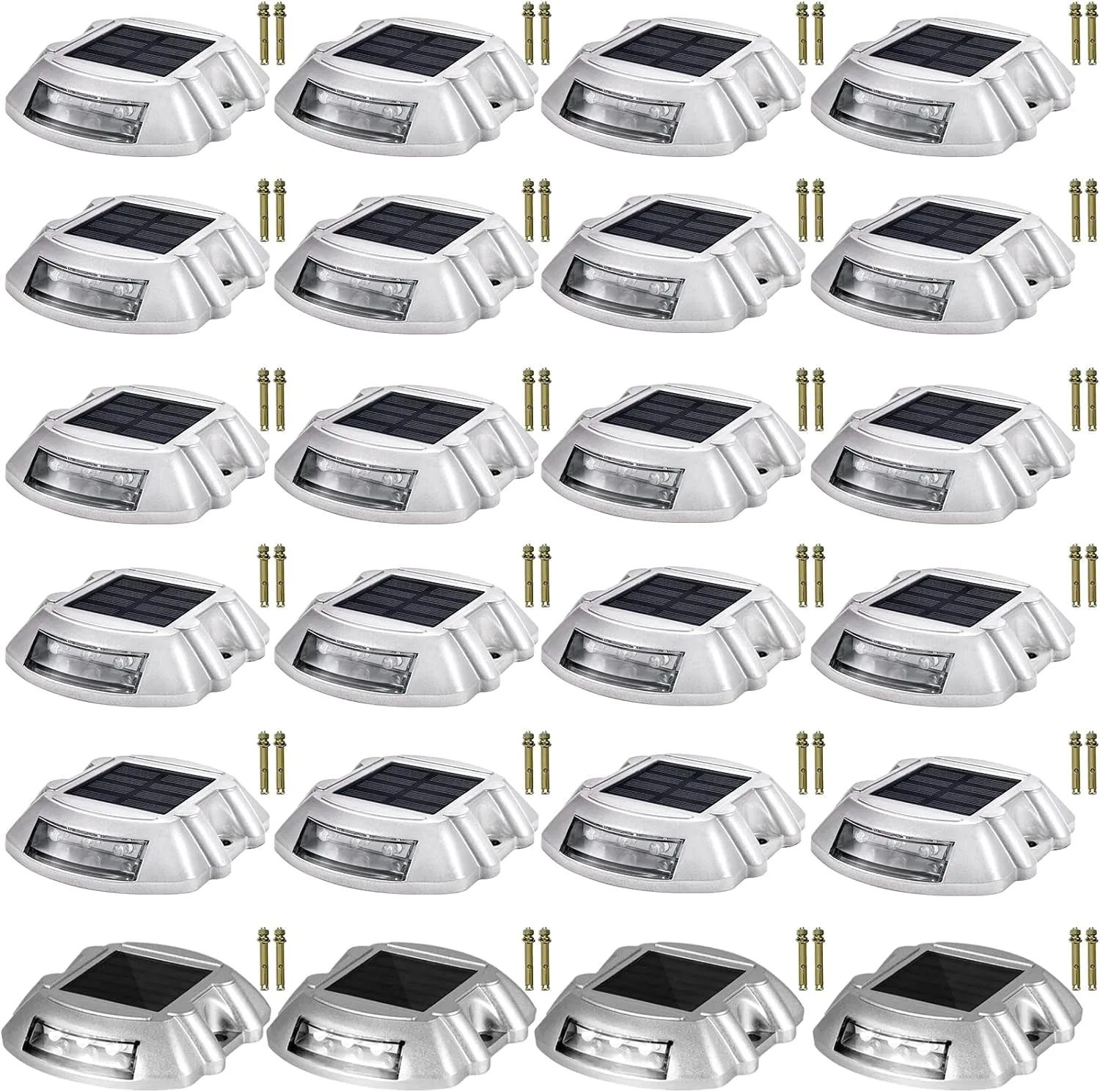 Driveway Lights 24-Pack Solar Driveway Lights Bright White with Screw Solar Deck Lights Outdoor Waterproof Wireless Dock Lights 6 Leds for Path Warning Garden Walkway Sidewalk Steps
