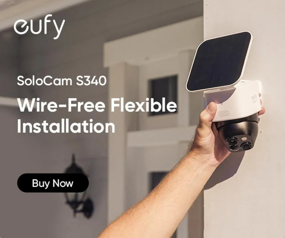 Eufy Security Solocam S340, Solar Security Camera, Wireless Outdoor Camera, 360° Pan & Tilt Surveillance, No Blind Spots, 2.4 Ghz Wi-Fi, No Monthly Fee, Homebase S380 Compatible
