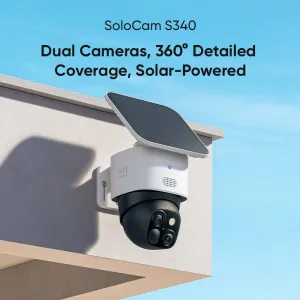 Eufy Security Solocam S340, Solar Security Camera, Wireless Outdoor Camera, 360° Pan & Tilt Surveillance, No Blind Spots, 2.4 Ghz Wi-Fi, No Monthly Fee, Homebase S380 Compatible