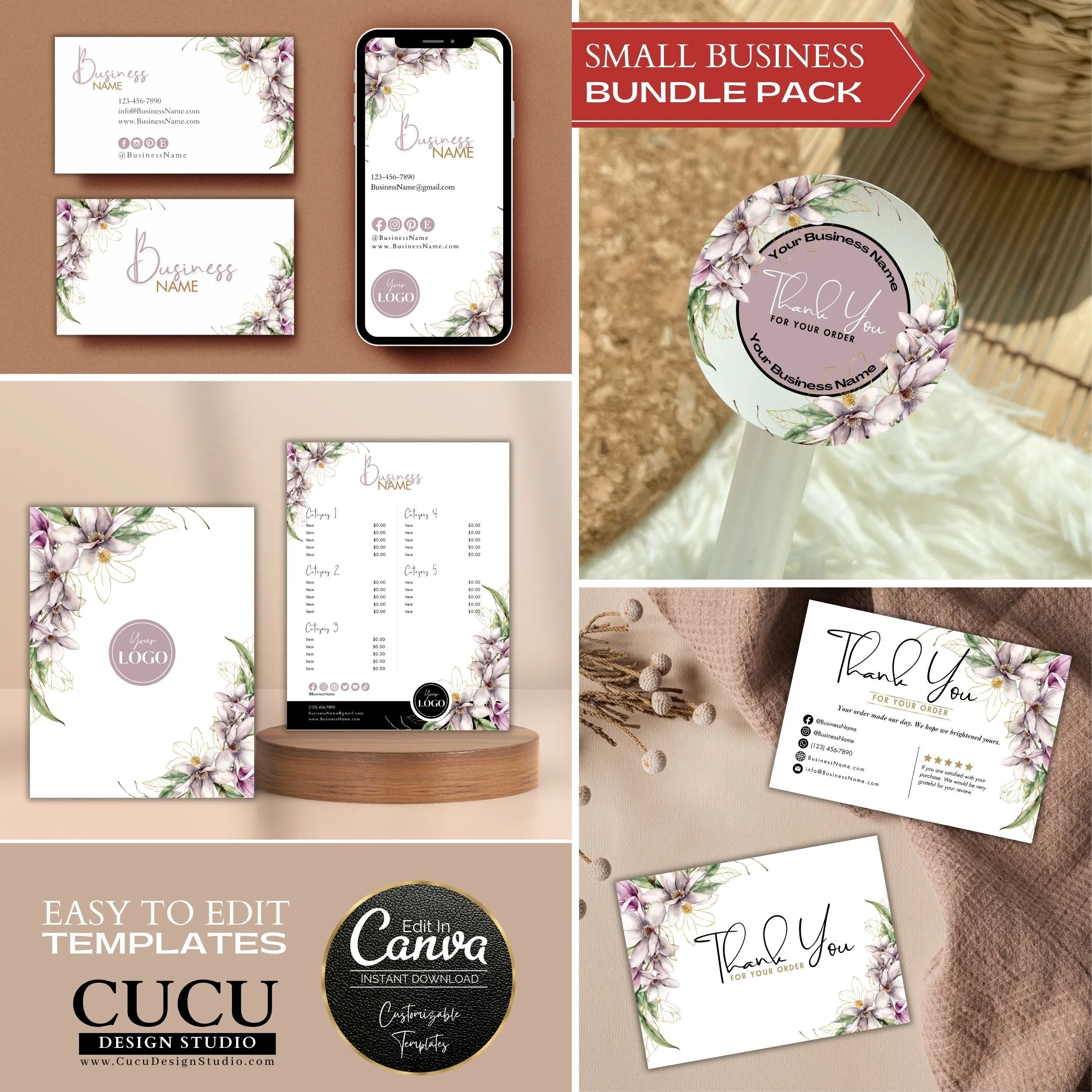 Floral Business Bundle | Price List | Business Card | Thank You Card | Stickers