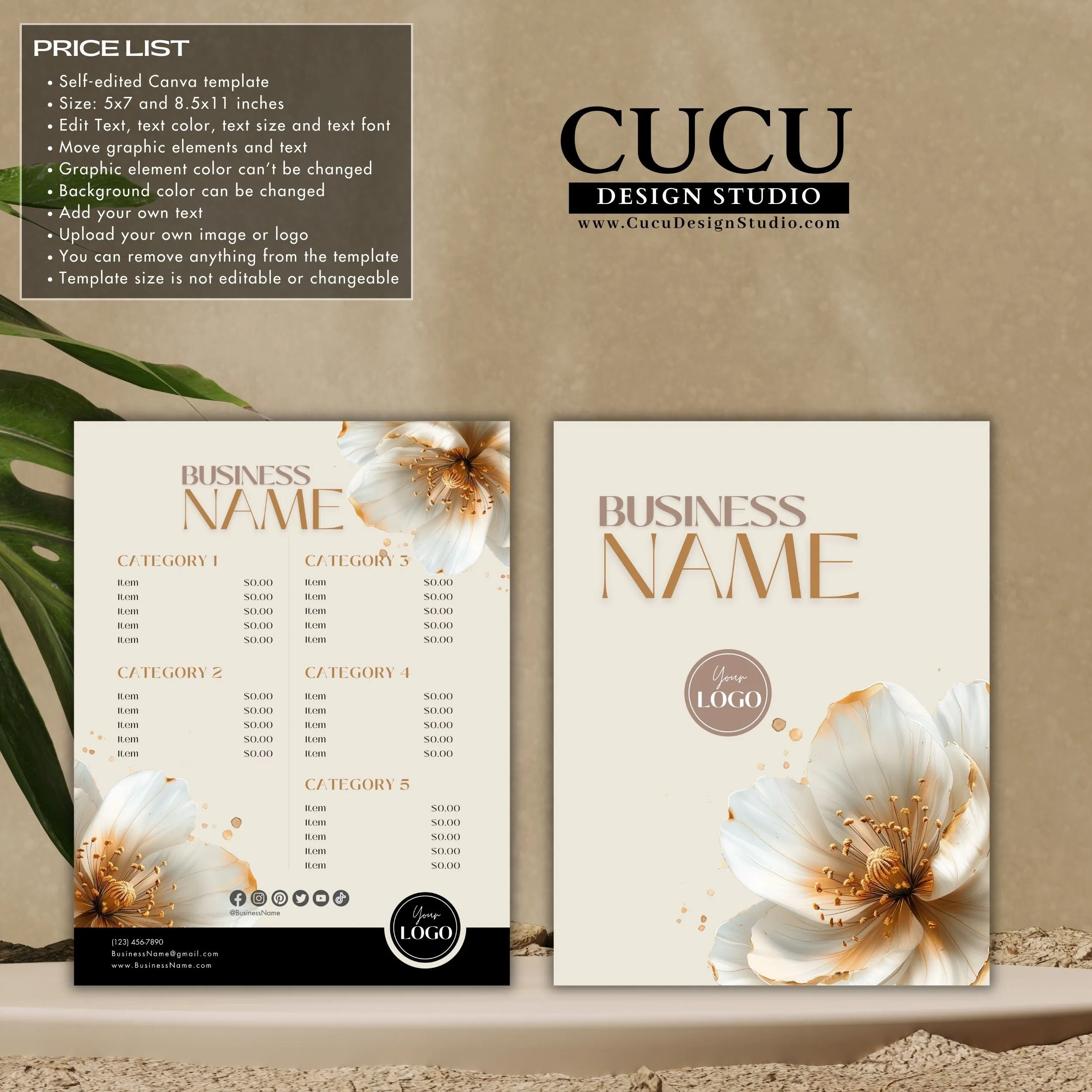 Gold Beige Business Bundle | Price List | Business Card | Thank You Card | Stickers