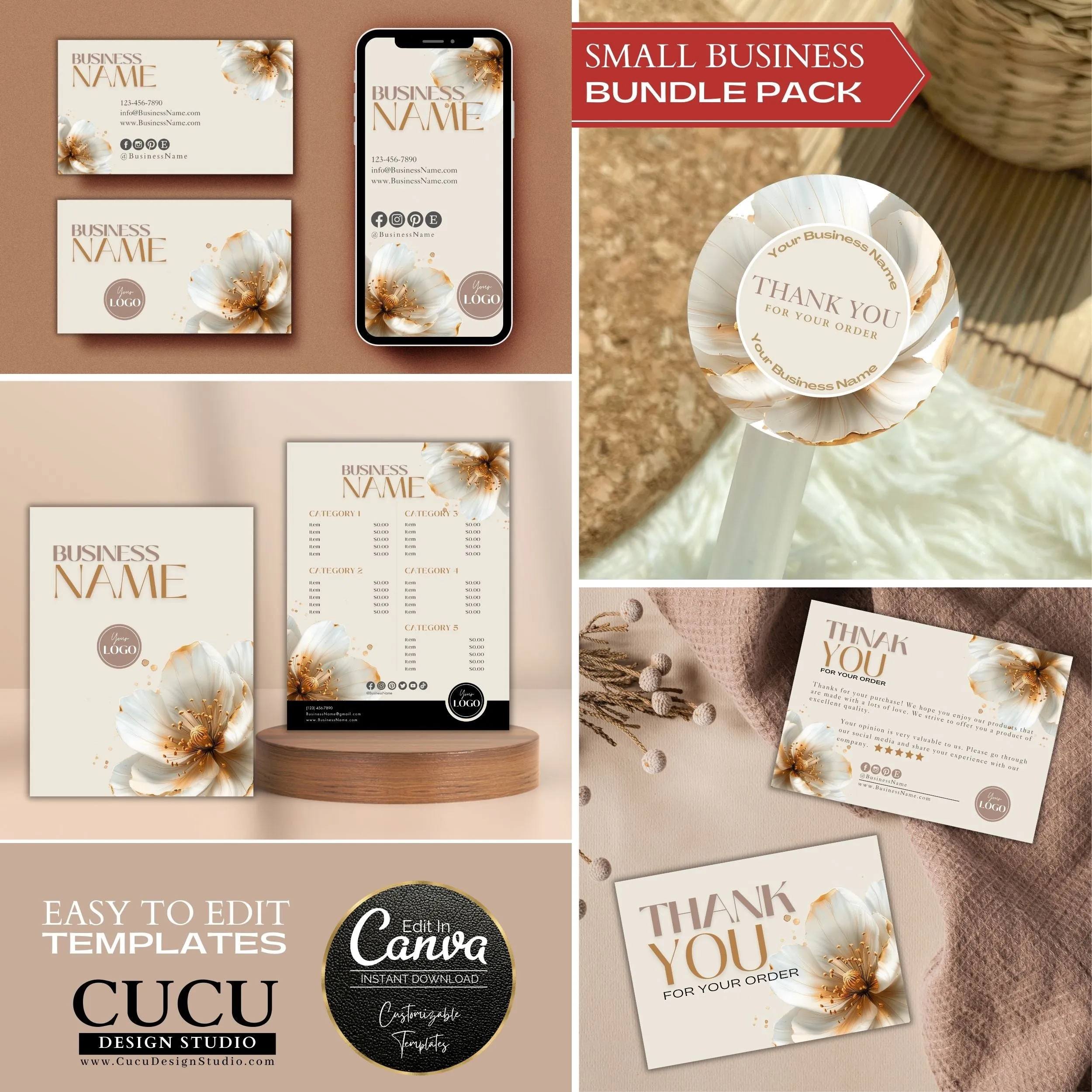 Gold Beige Business Bundle | Price List | Business Card | Thank You Card | Stickers