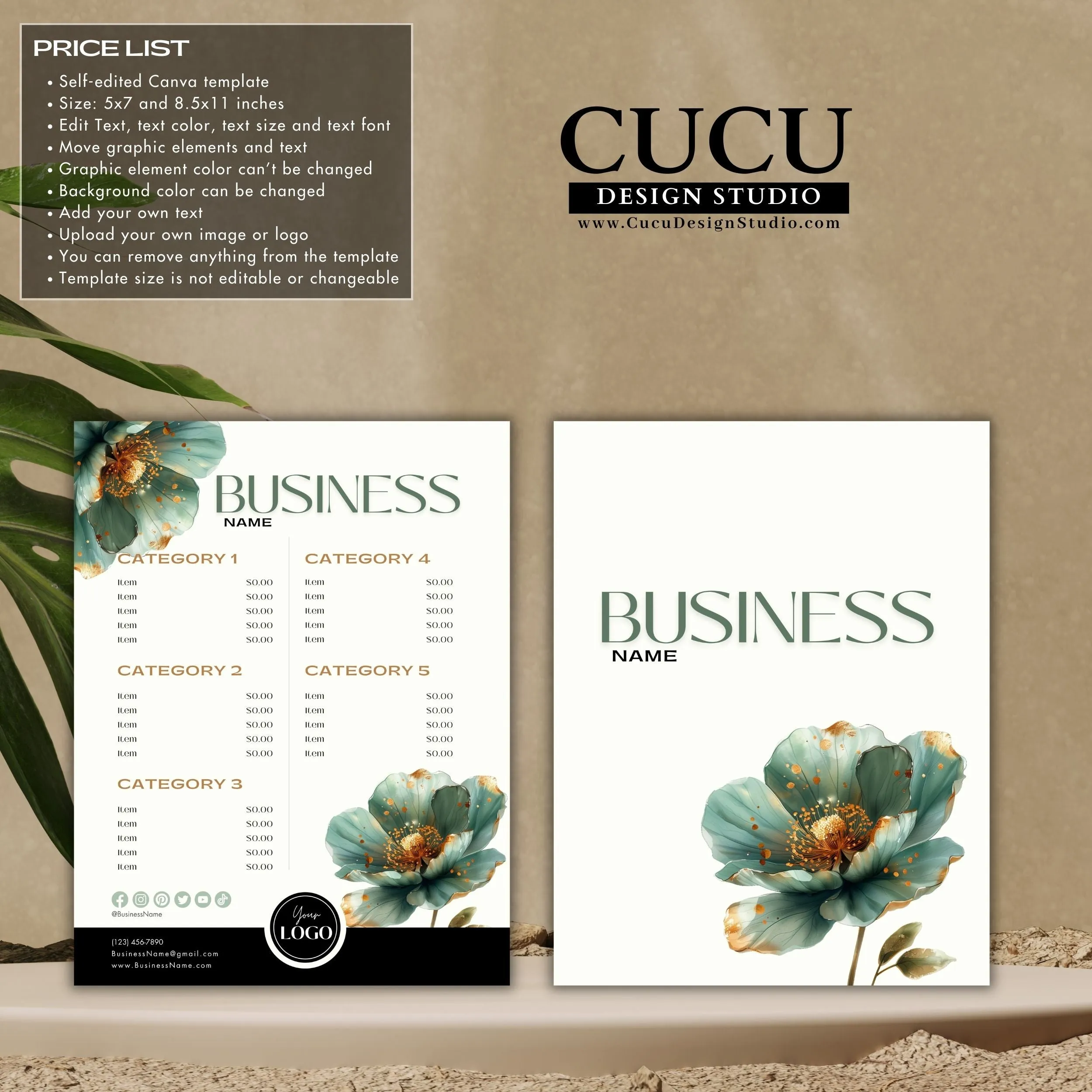 Green Flower Business Bundle | Price List | Business Card | Thank You Card