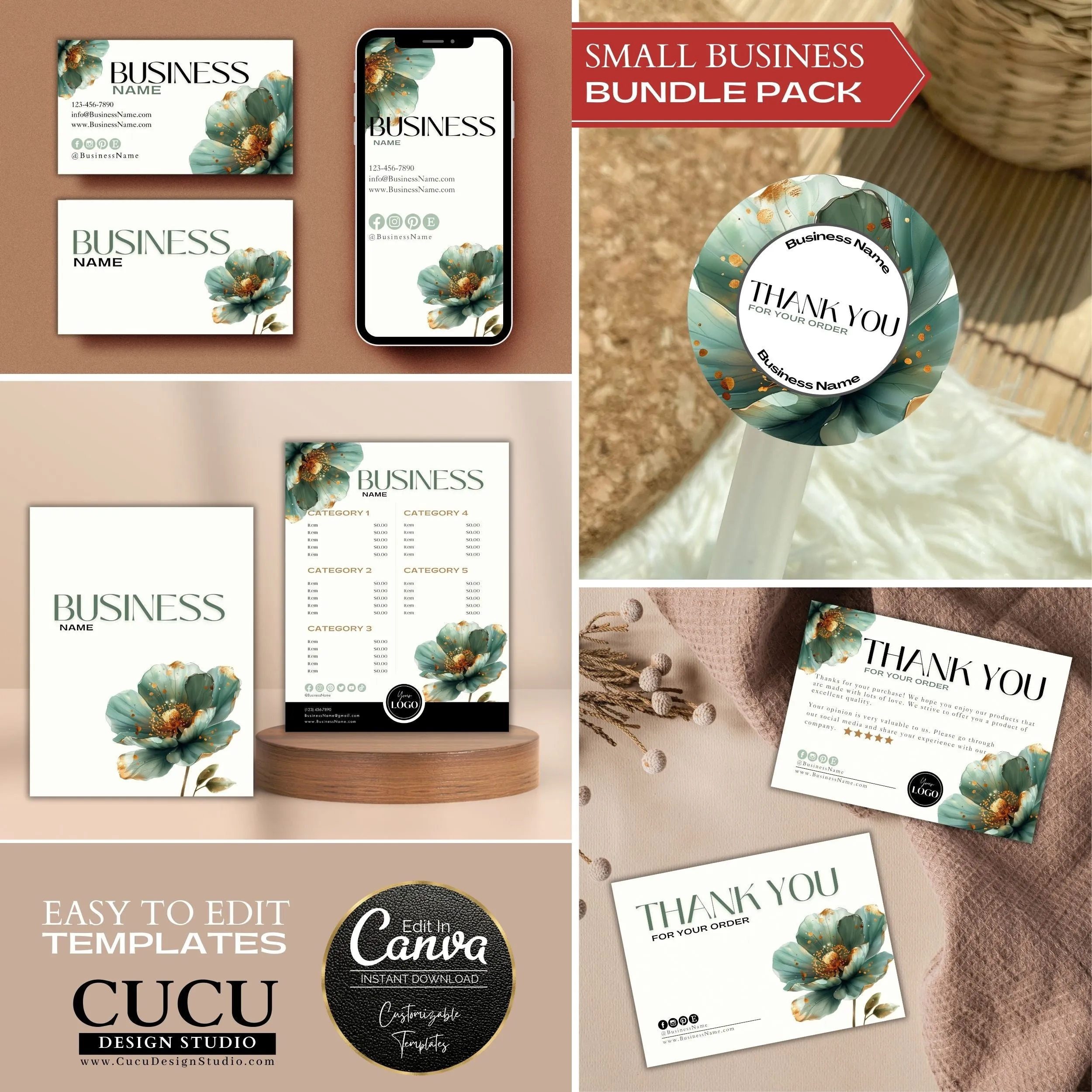 Green Flower Business Bundle | Price List | Business Card | Thank You Card