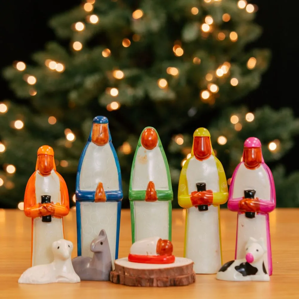 Kisii Stone Colorful Pattern Nativity Manger Set Holiday Trees