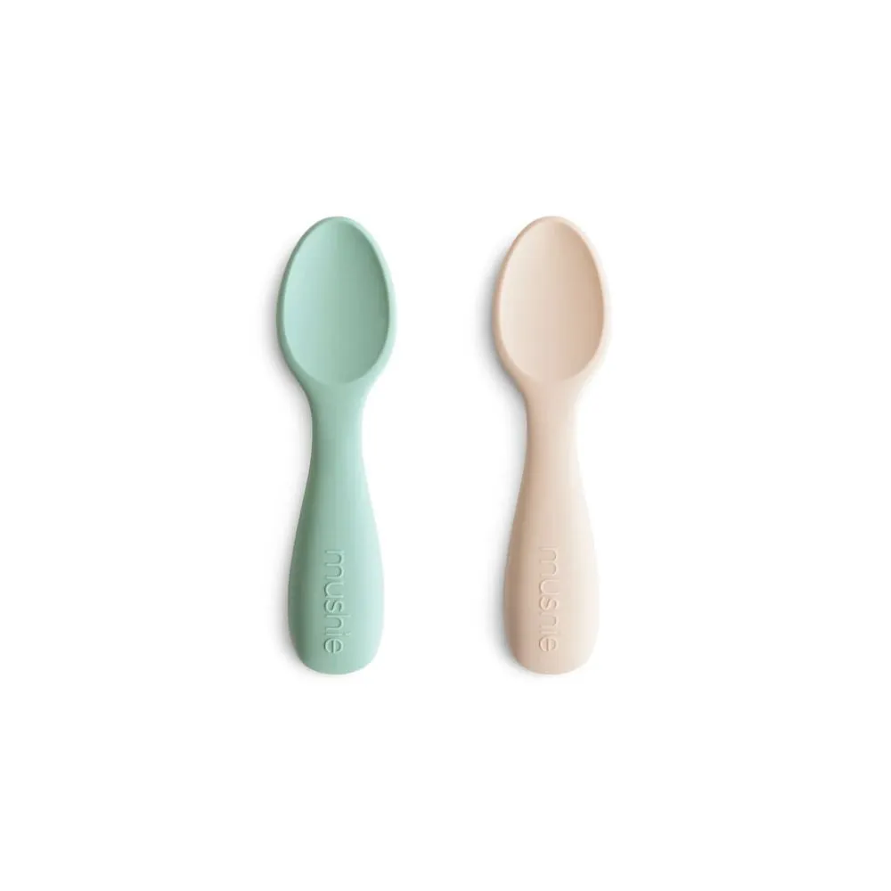 Mushie Silicone Toddler Starter Spoons 2-Pack (Cambridge Blue/Shifting Sand)