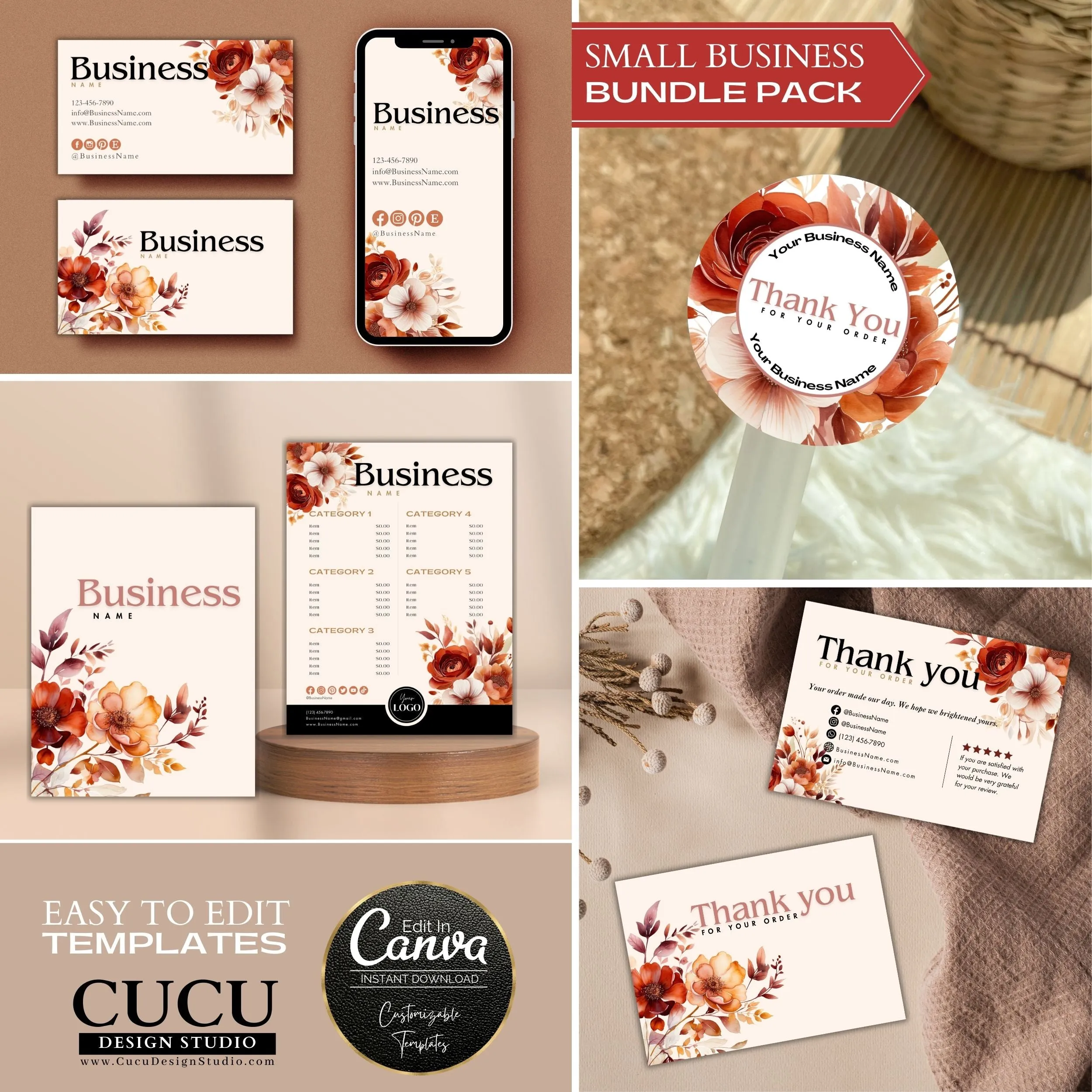 Orange Floral Business Bundle | Price List | Business Card | Thank You Card | Stickers
