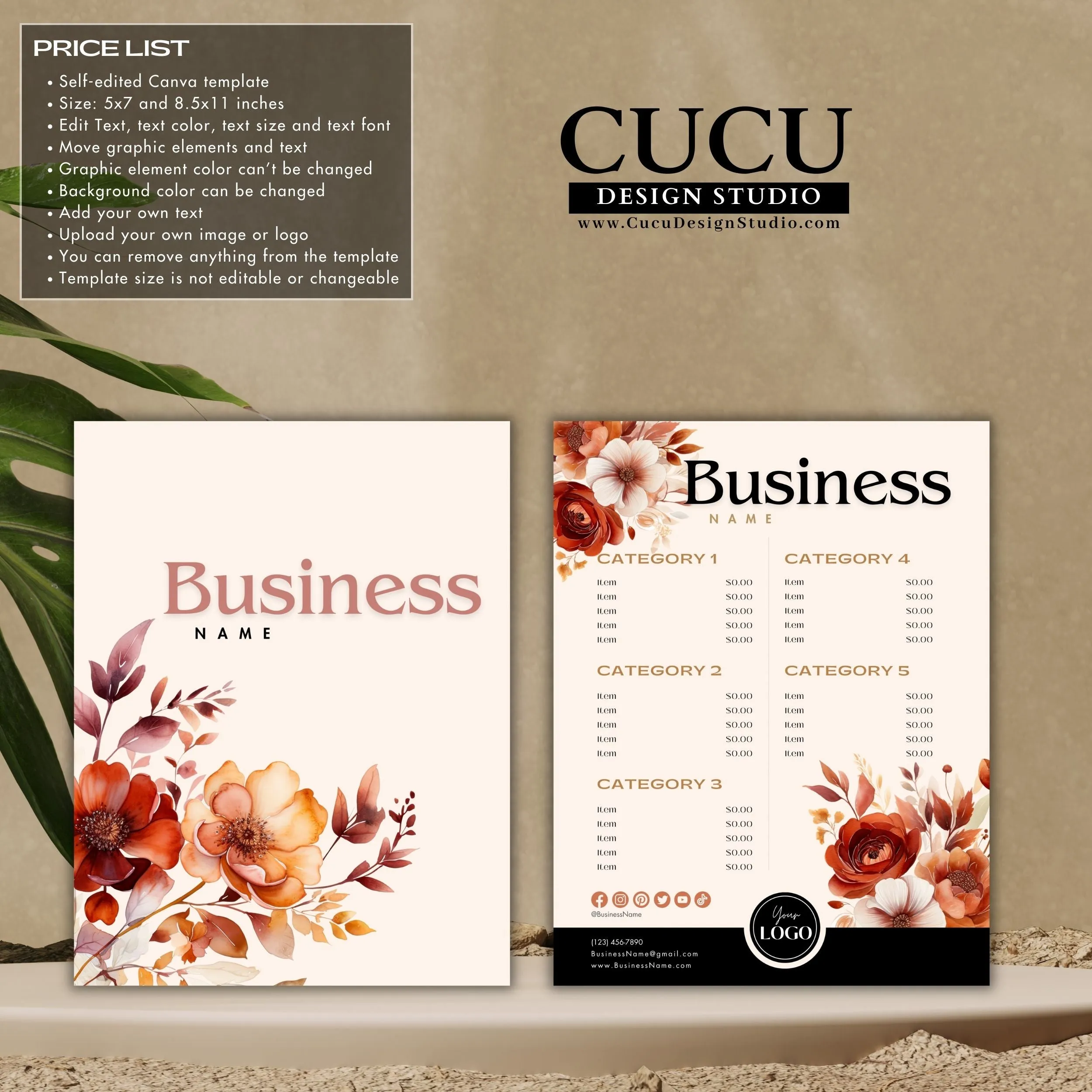 Orange Floral Business Bundle | Price List | Business Card | Thank You Card | Stickers