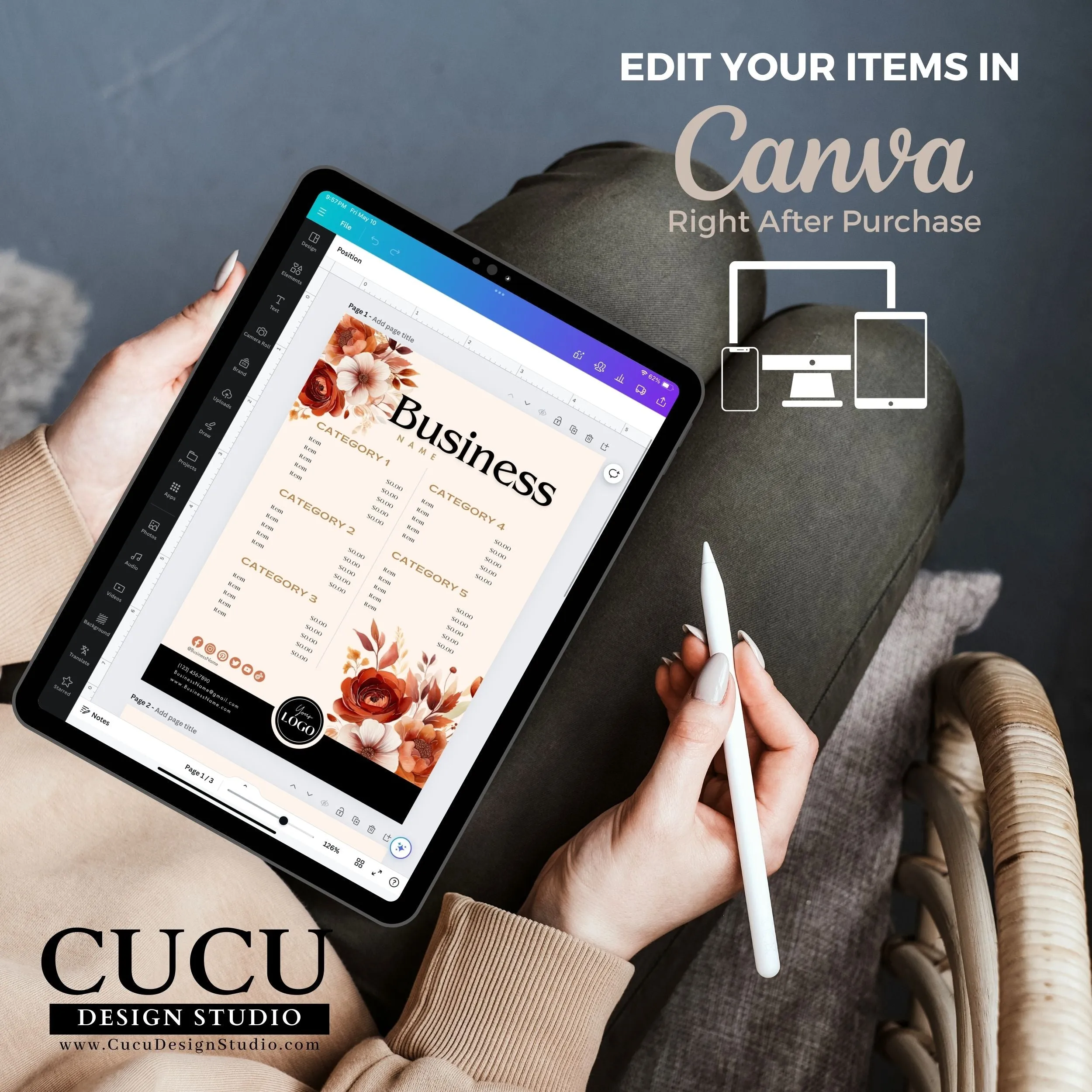 Orange Floral Business Bundle | Price List | Business Card | Thank You Card | Stickers