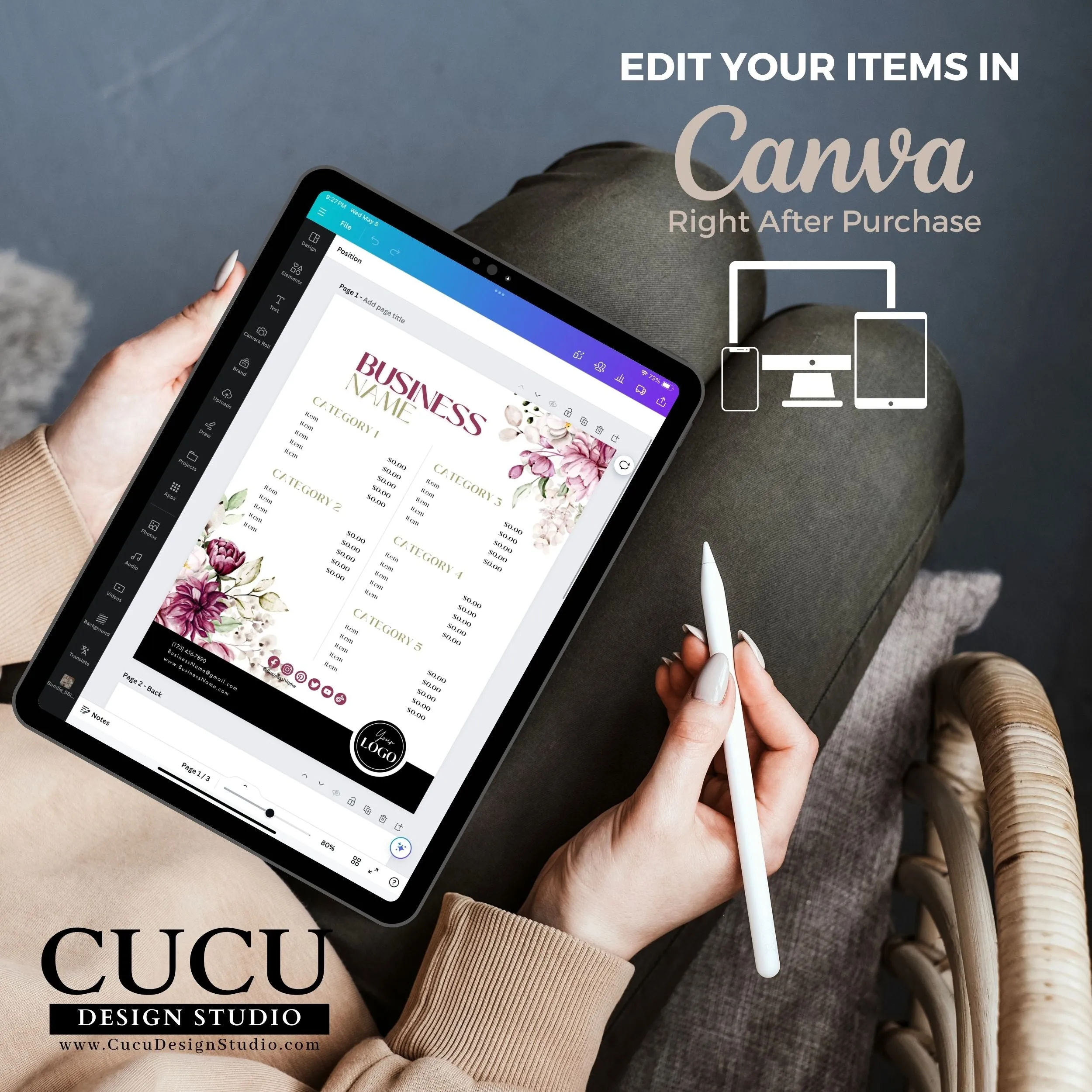 Pink Floral Business Bundle | Price List | Business Card | Thank You Card | Stickers