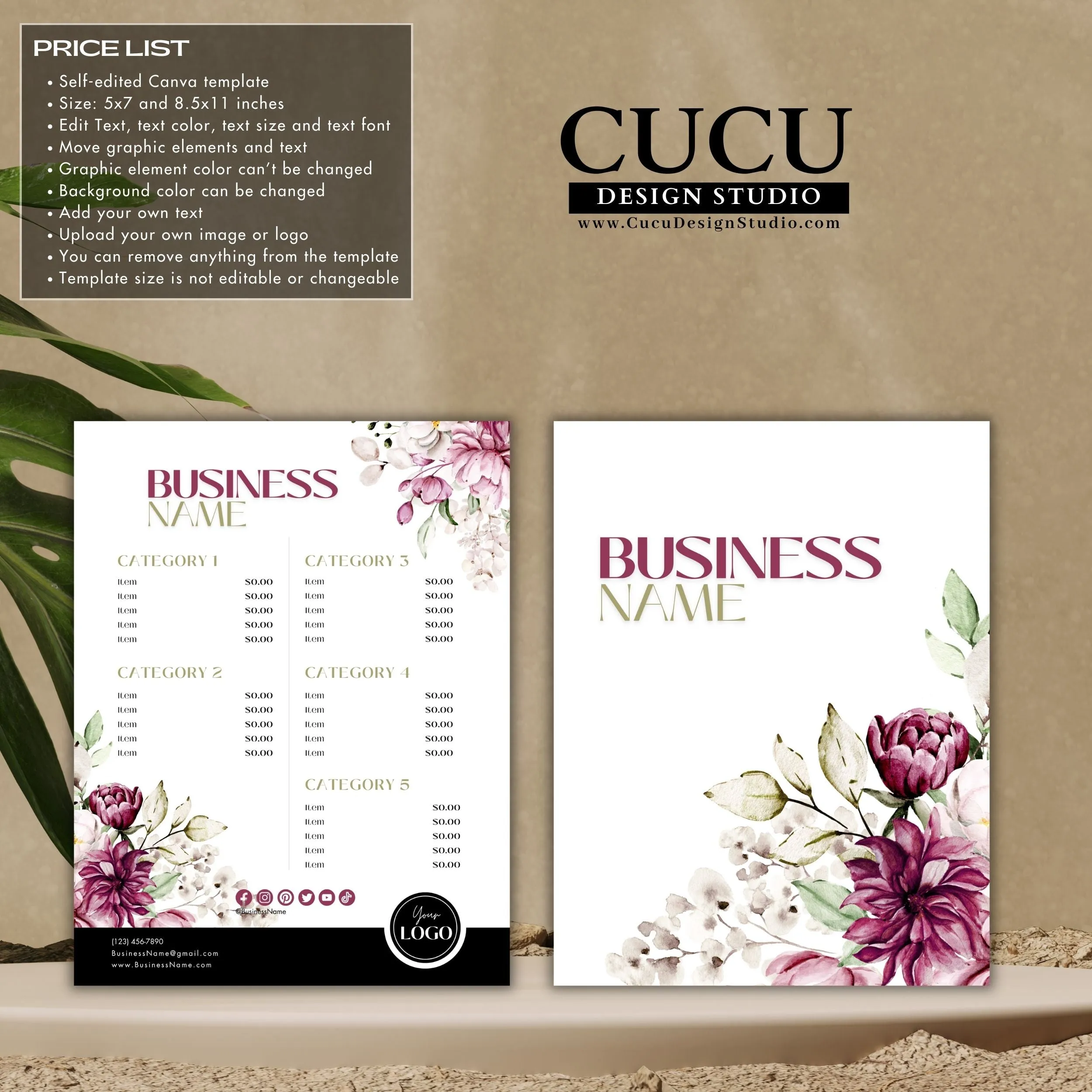 Pink Floral Business Bundle | Price List | Business Card | Thank You Card | Stickers