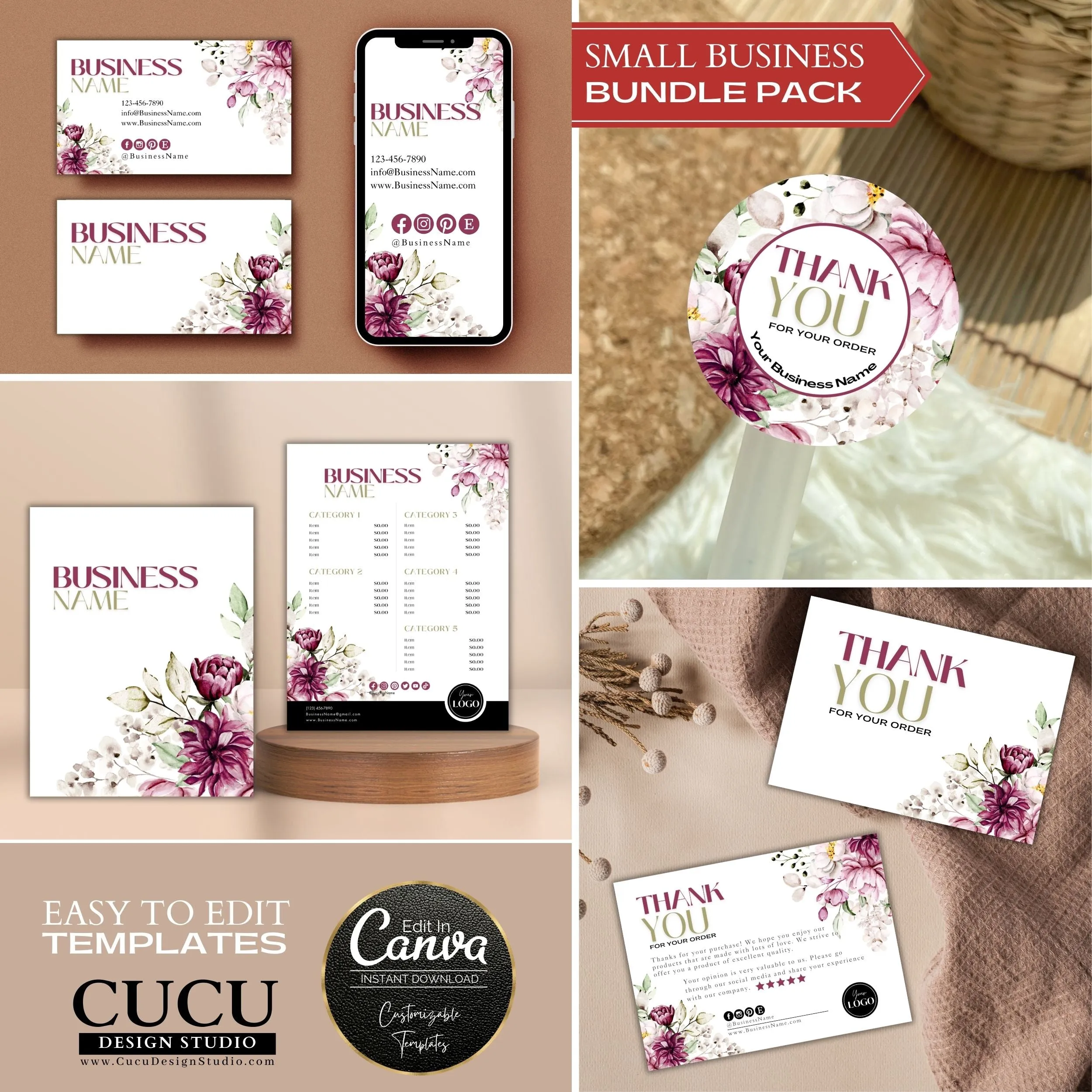 Pink Floral Business Bundle | Price List | Business Card | Thank You Card | Stickers