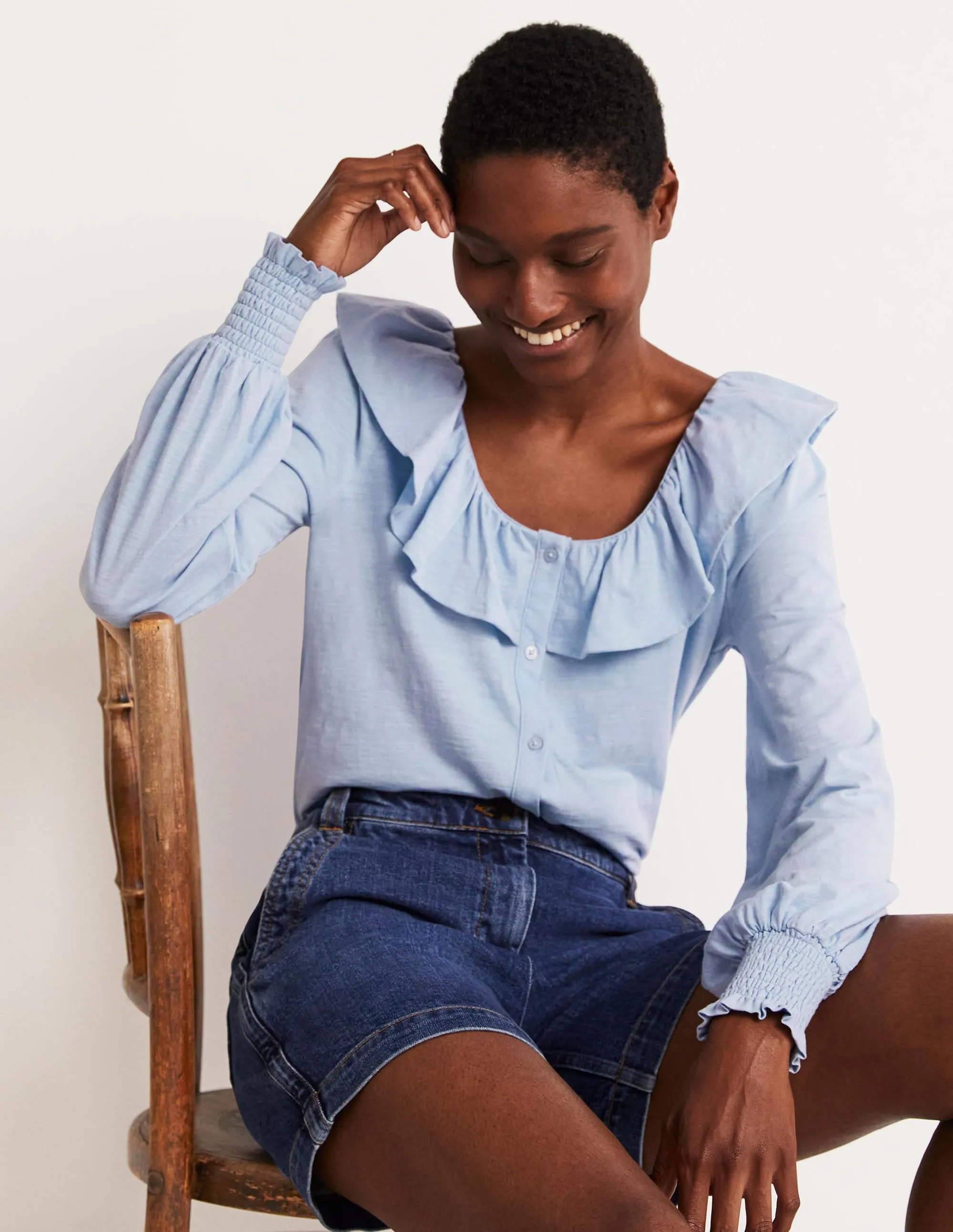 Scoop Frill Neck Jersey Top-Brunnera Blue