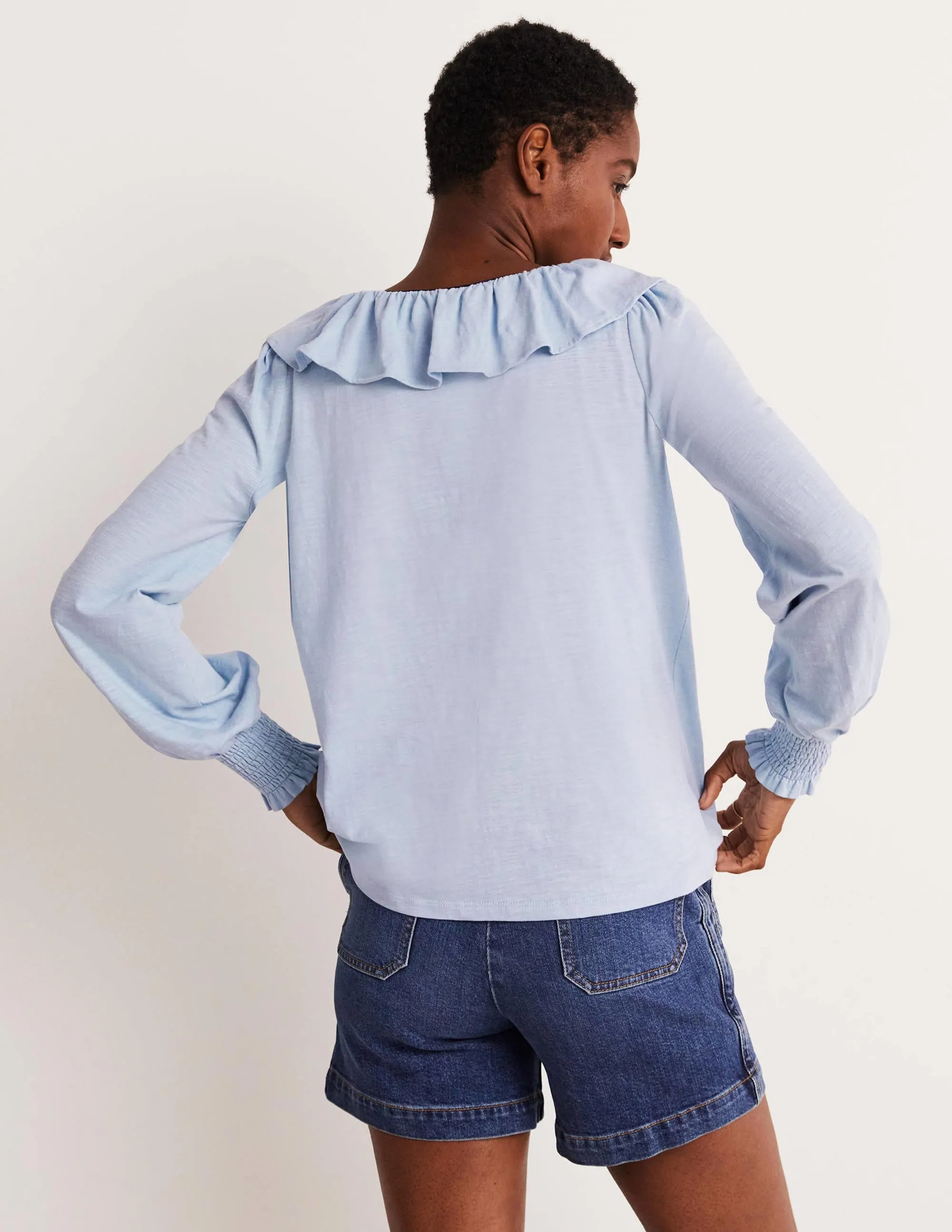 Scoop Frill Neck Jersey Top-Brunnera Blue