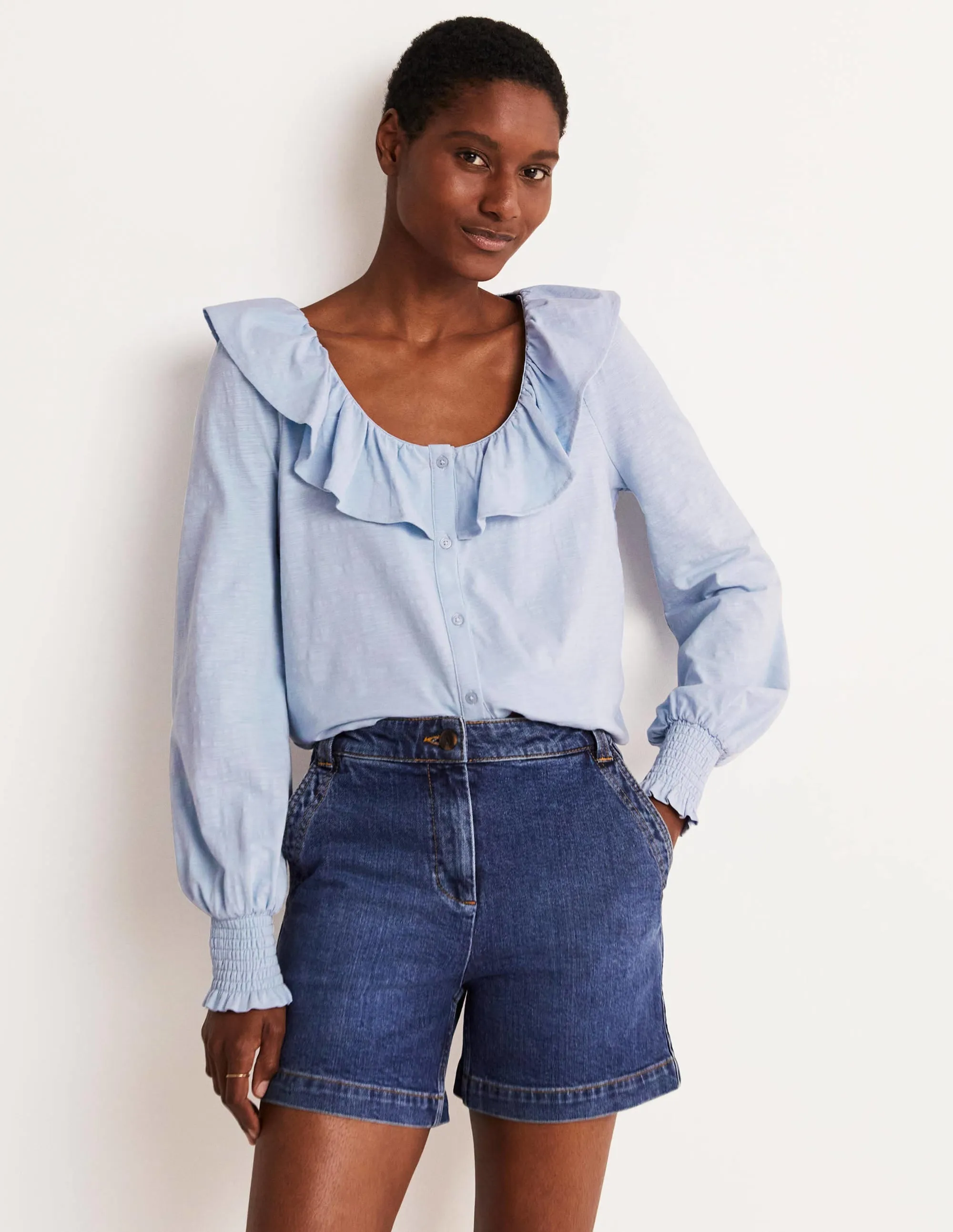 Scoop Frill Neck Jersey Top-Brunnera Blue
