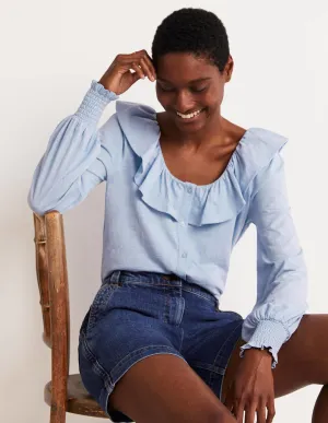 Scoop Frill Neck Jersey Top-Brunnera Blue