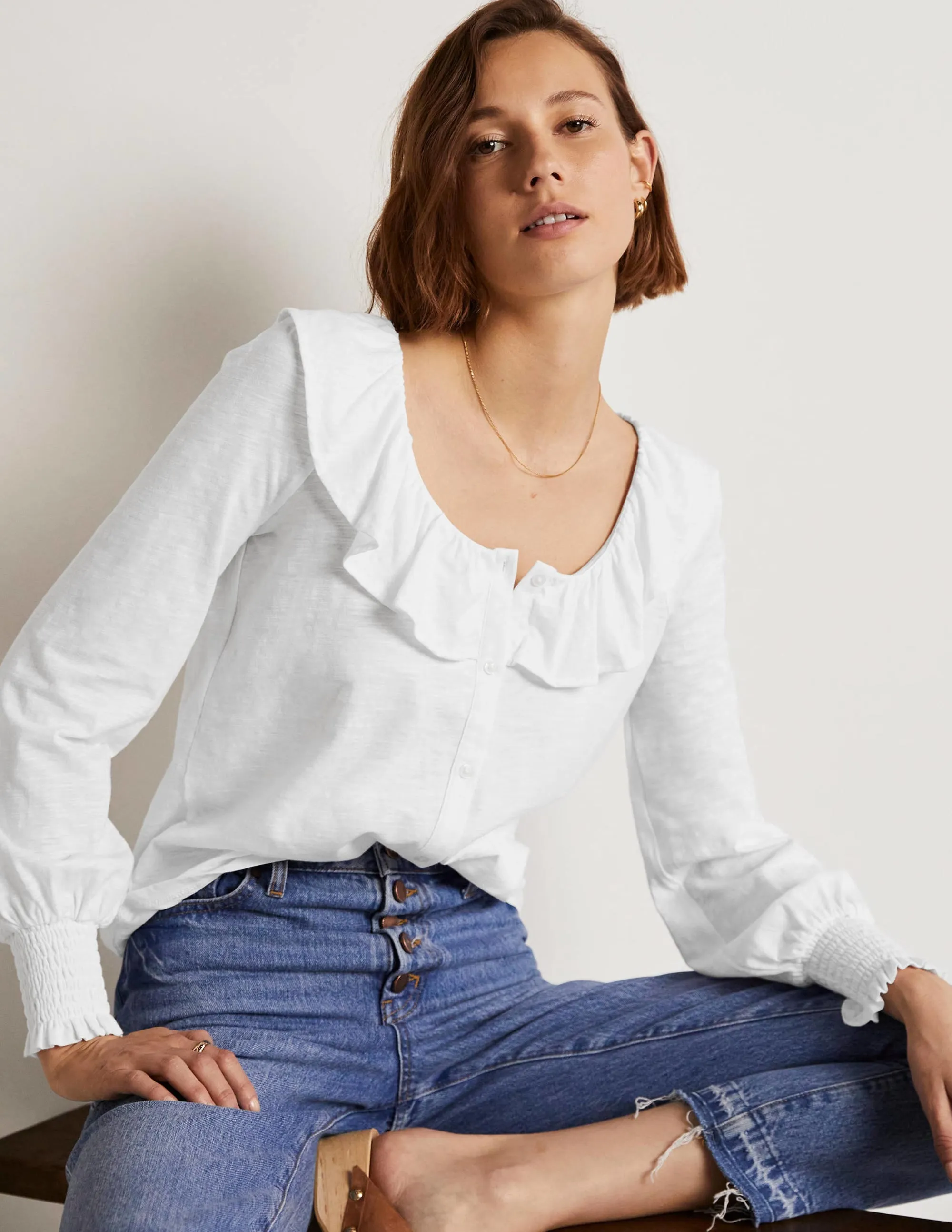 Scoop Frill Neck Jersey Top-White