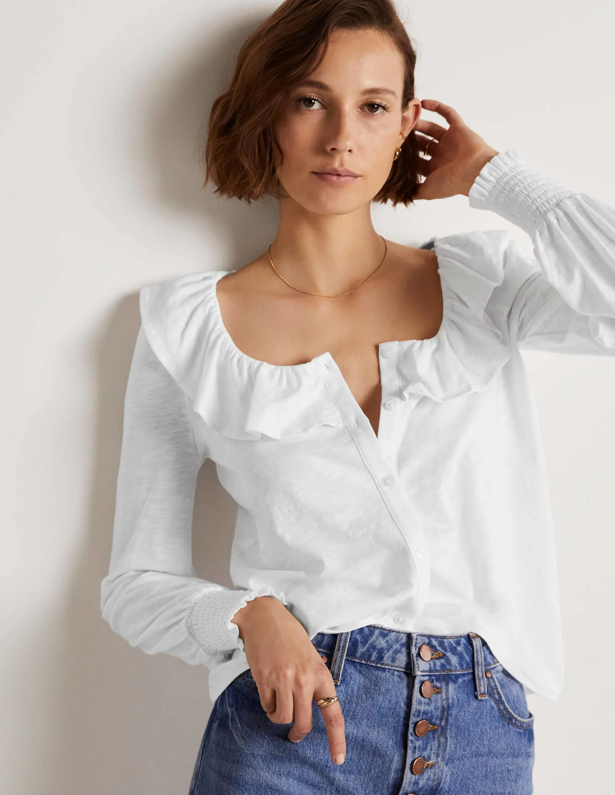 Scoop Frill Neck Jersey Top-White