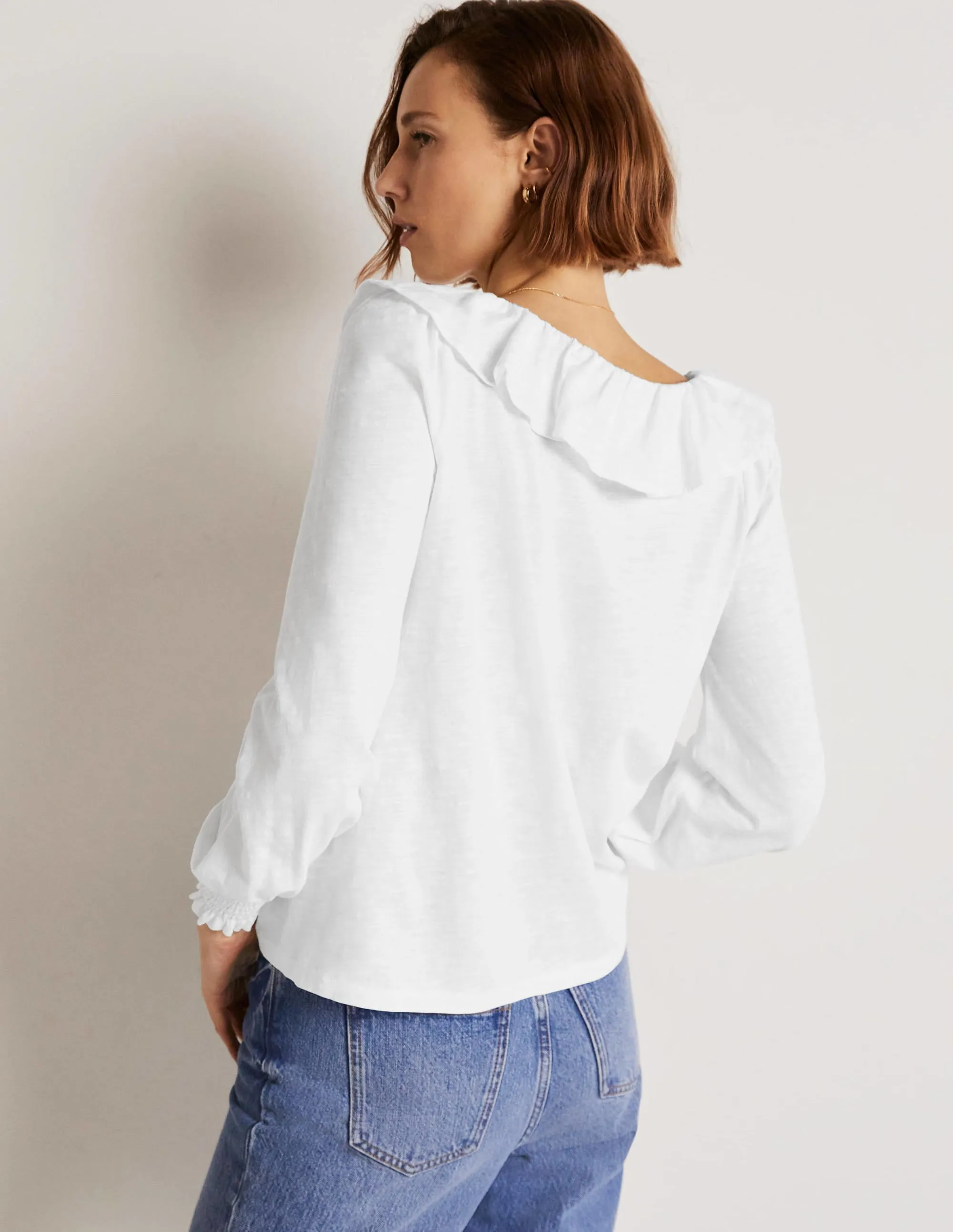 Scoop Frill Neck Jersey Top-White