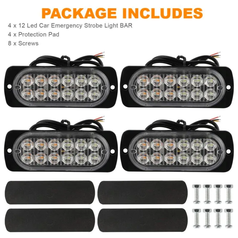 SMAXPro™ 4x 12LED Strobe Light Bars - Amber/White, Warning Hazard, Flashing Beacon