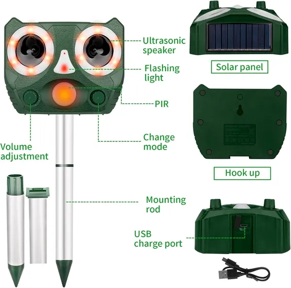 Ultrasonic Animal Repeller Outdoor, Solar Powered Squirrels Repeller Waterproof Deer Repeller for RatsDog, Cat, Squirrels, Bird, Rabbit, Deer, Raccoon Farm Yard Garden