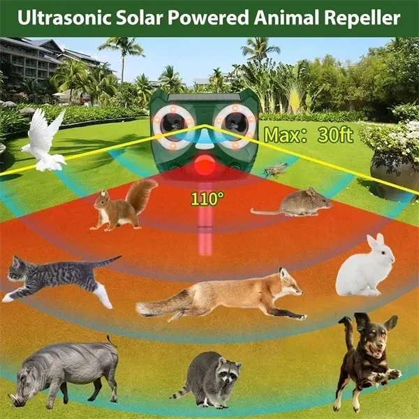 Ultrasonic Animal Repeller Outdoor, Solar Powered Squirrels Repeller Waterproof Deer Repeller for RatsDog, Cat, Squirrels, Bird, Rabbit, Deer, Raccoon Farm Yard Garden