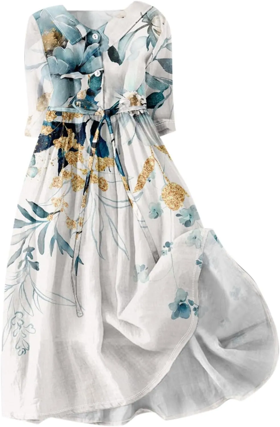 Womens Dresses Lace-Up Lapel Neck Long Dress A-Line Boho Floral Maxi Dress 3/4 Sleeve Button Vacation Dress