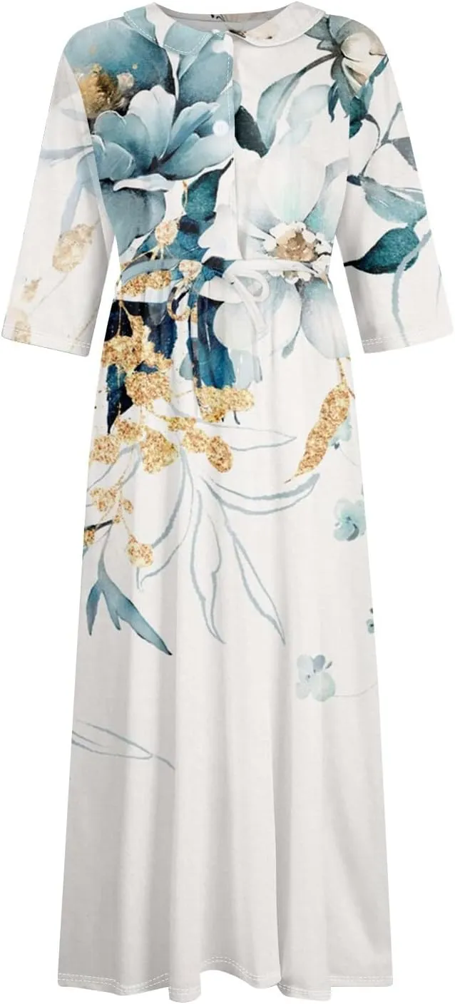 Womens Dresses Lace-Up Lapel Neck Long Dress A-Line Boho Floral Maxi Dress 3/4 Sleeve Button Vacation Dress