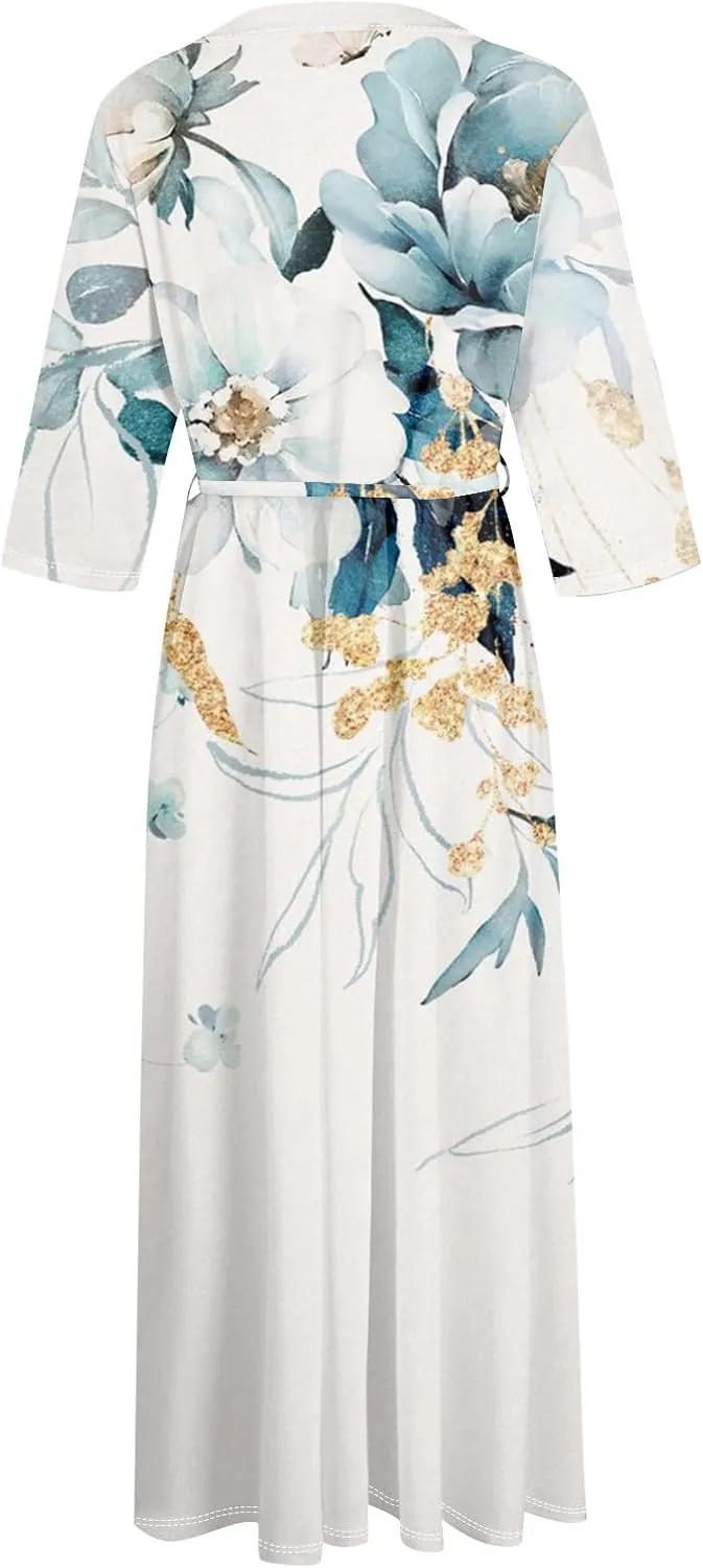 Womens Dresses Lace-Up Lapel Neck Long Dress A-Line Boho Floral Maxi Dress 3/4 Sleeve Button Vacation Dress